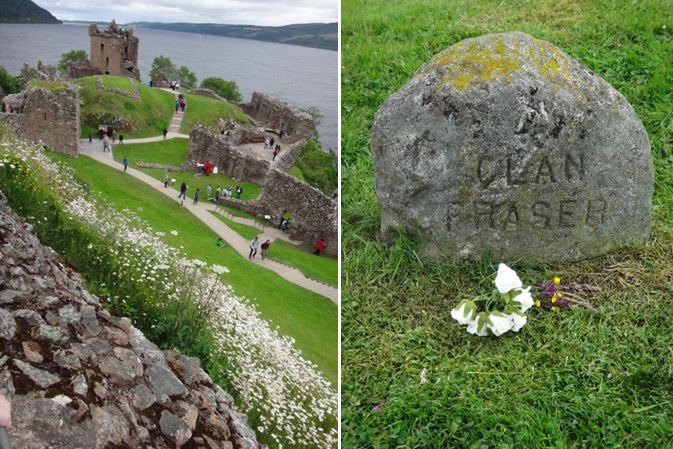 Urquhart Castle and the Fraser Clan marker at Culloden Battlefield.